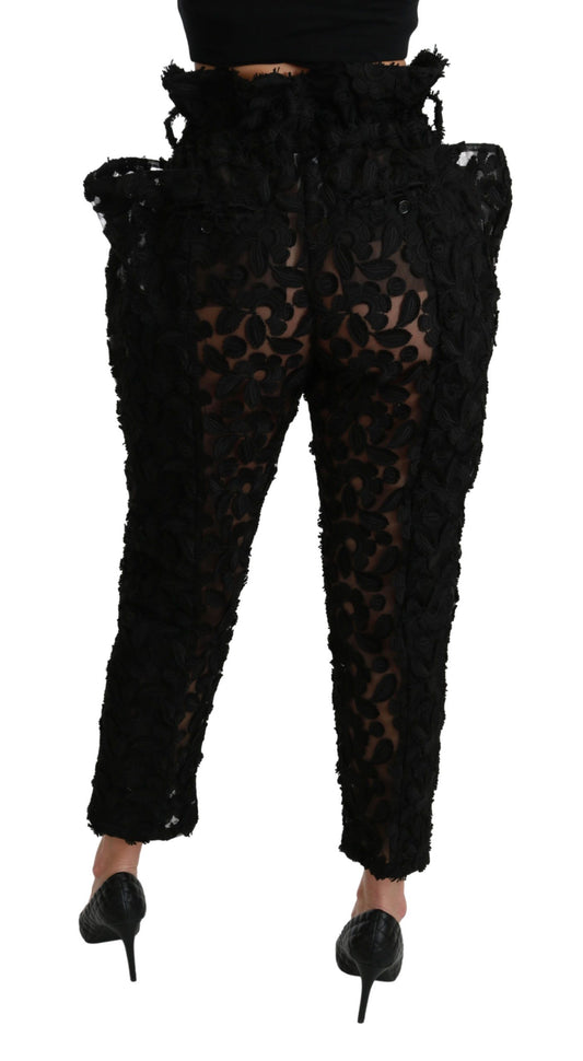 Schwarze, konische Hose mit hoher Taille und Blumenspitze