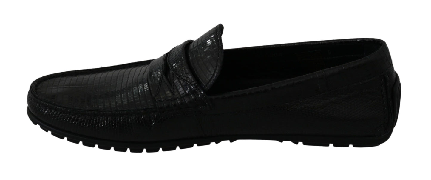 Flache Loafer aus schwarzem Eidechsenleder