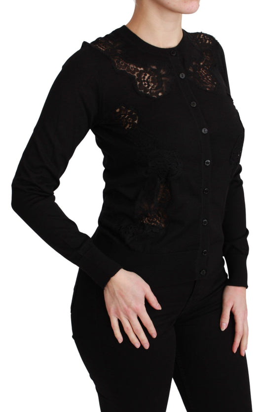 Schwarzer Cardigan aus Kaschmir mit Spitze