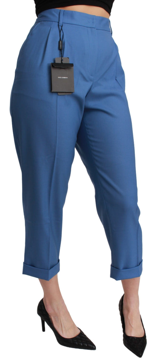Blaue, plissierte, verkürzte Wollhose mit Bündchen
