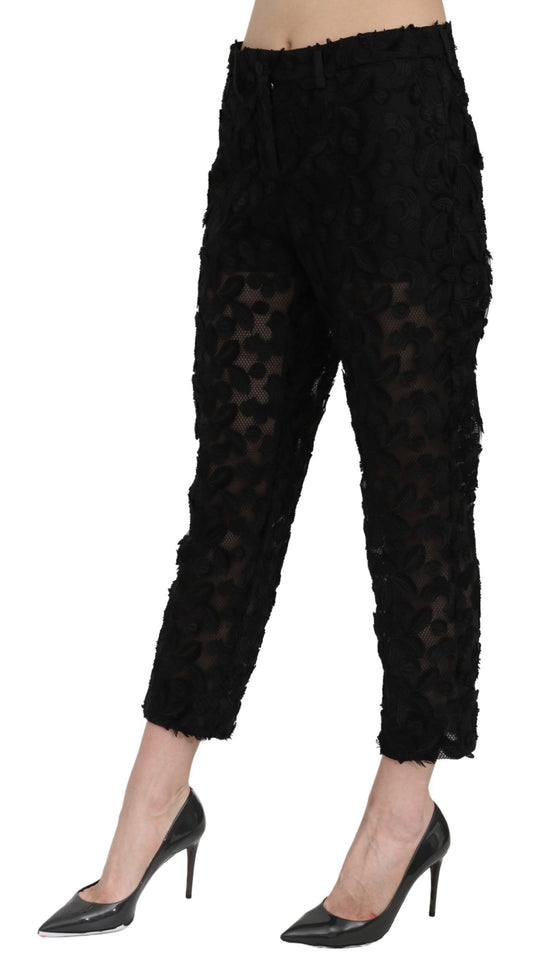Schwarze, gerade geschnittene Hose mit hoher Taille aus Spitze