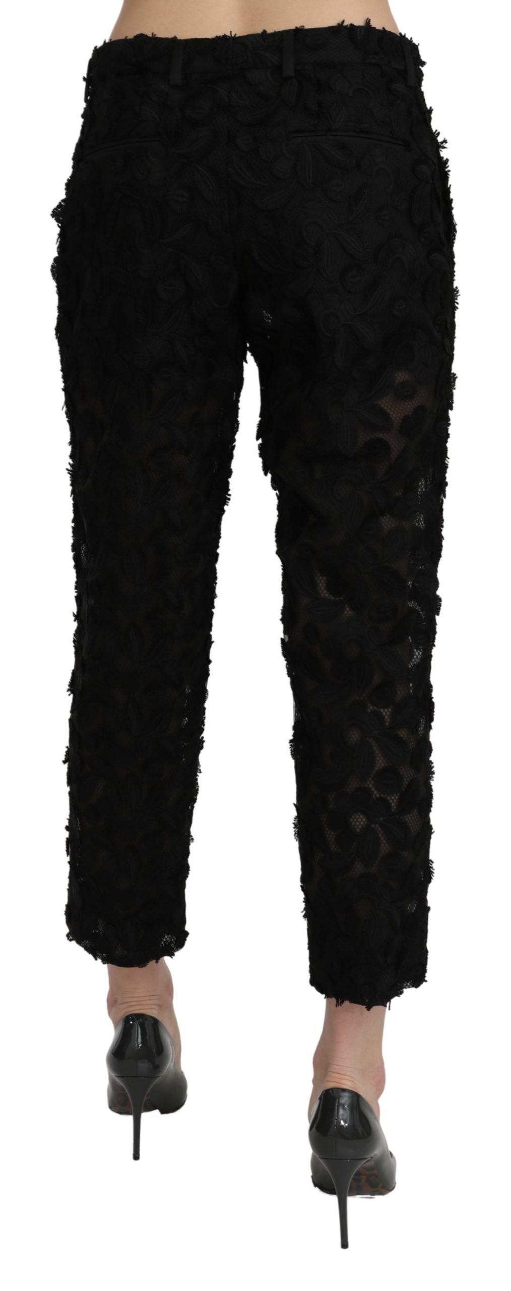 Schwarze, gerade geschnittene Hose mit hoher Taille aus Spitze