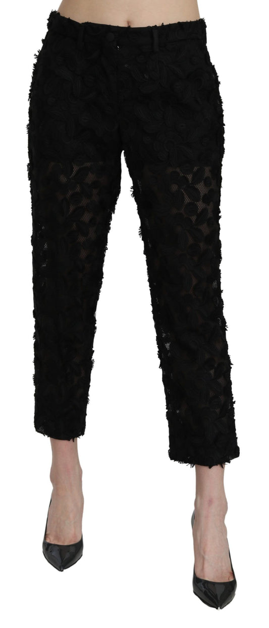 Schwarze, gerade geschnittene Hose mit hoher Taille aus Spitze