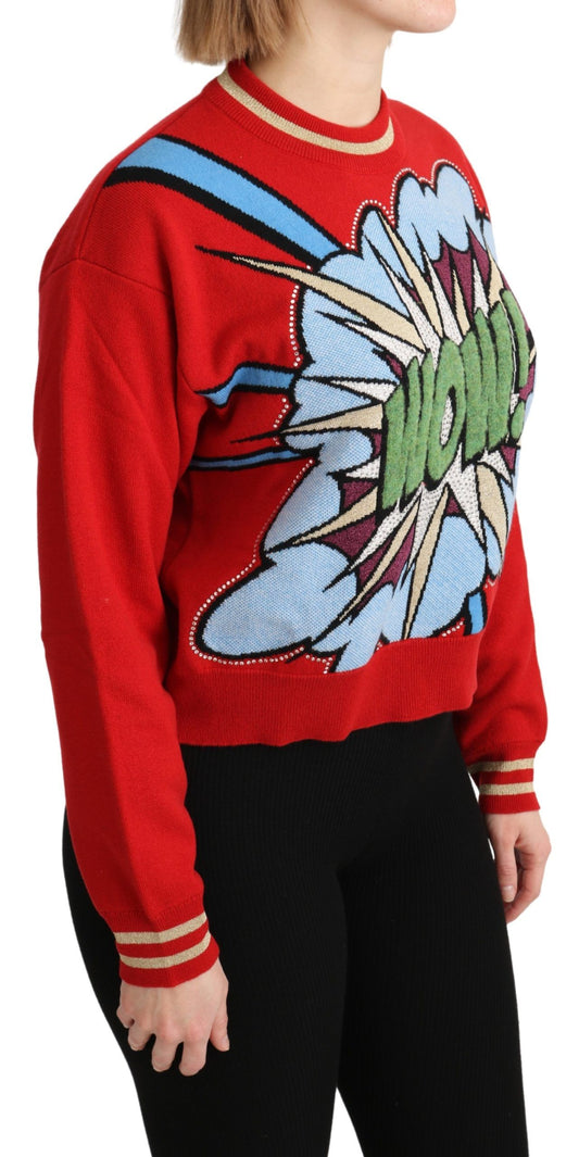 Roter gestrickter Kaschmirpullover mit Cartoon-Muster