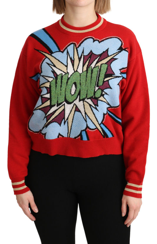Roter gestrickter Kaschmirpullover mit Cartoon-Muster