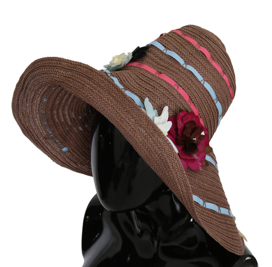 Braune Schlapphut aus Stroh mit Blumenmuster und breiter Krempe
