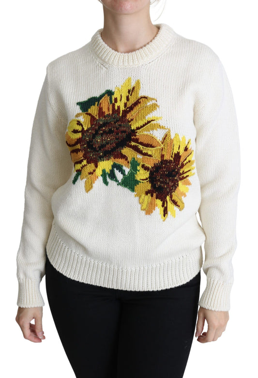Weißer Wollpullover mit Blumenmuster und Sonnenblumenmuster