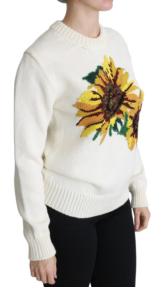 Weißer Wollpullover mit Blumenmuster und Sonnenblumenmuster