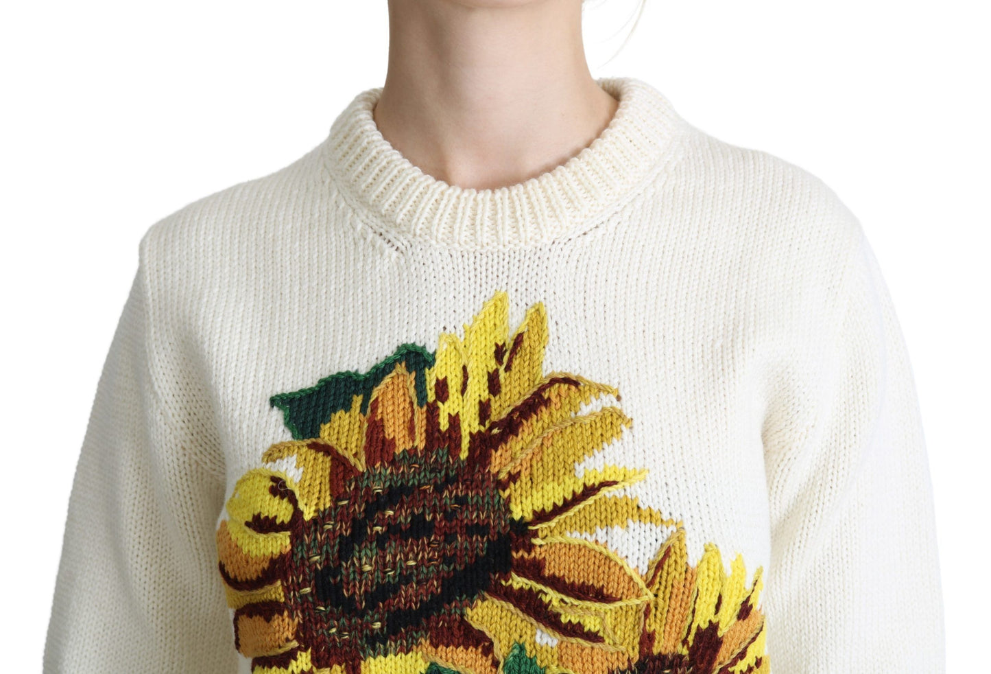 Weißer Wollpullover mit Blumenmuster und Sonnenblumenmuster