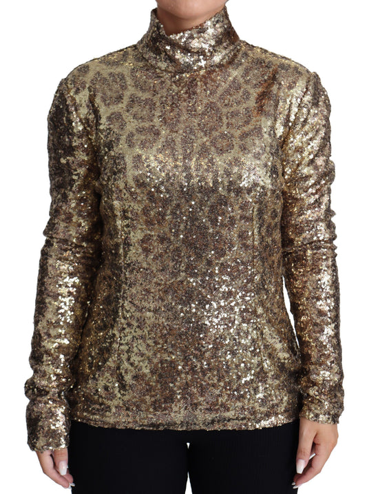 Brauner Rollkragenpullover mit Pailletten im Leopardenmuster