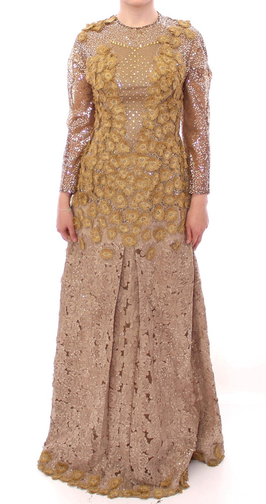 GOLDENES langes Maxikleid aus Spitze mit Kristallen