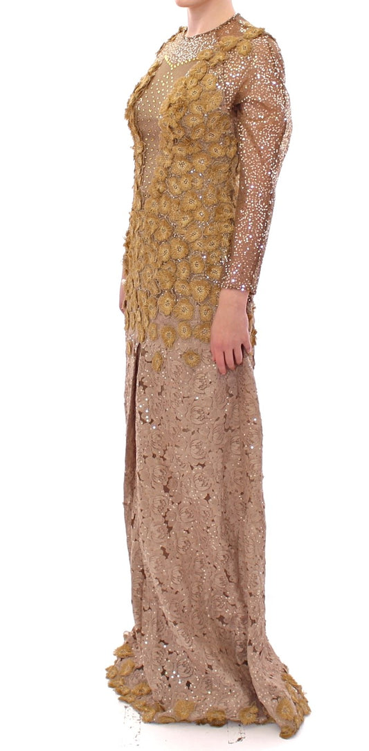 GOLDENES langes Maxikleid aus Spitze mit Kristallen