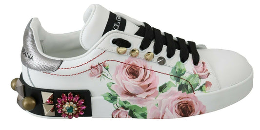 Weiße Leder Kristall Rosen Blumen Sneakers Schuhe