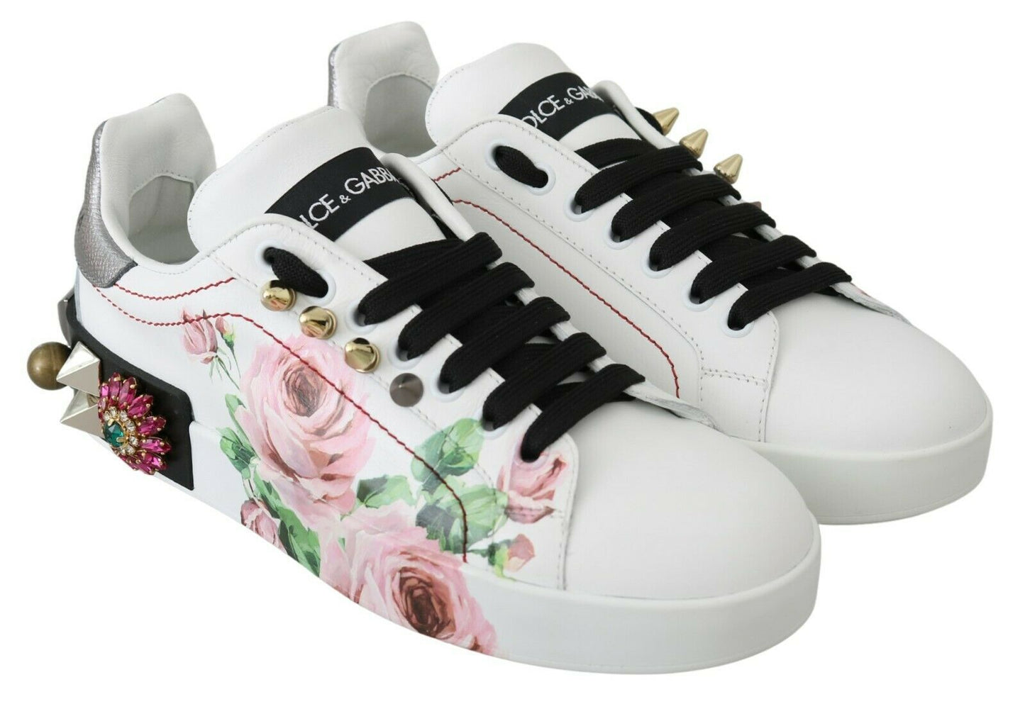 Weiße Leder Kristall Rosen Blumen Sneakers Schuhe