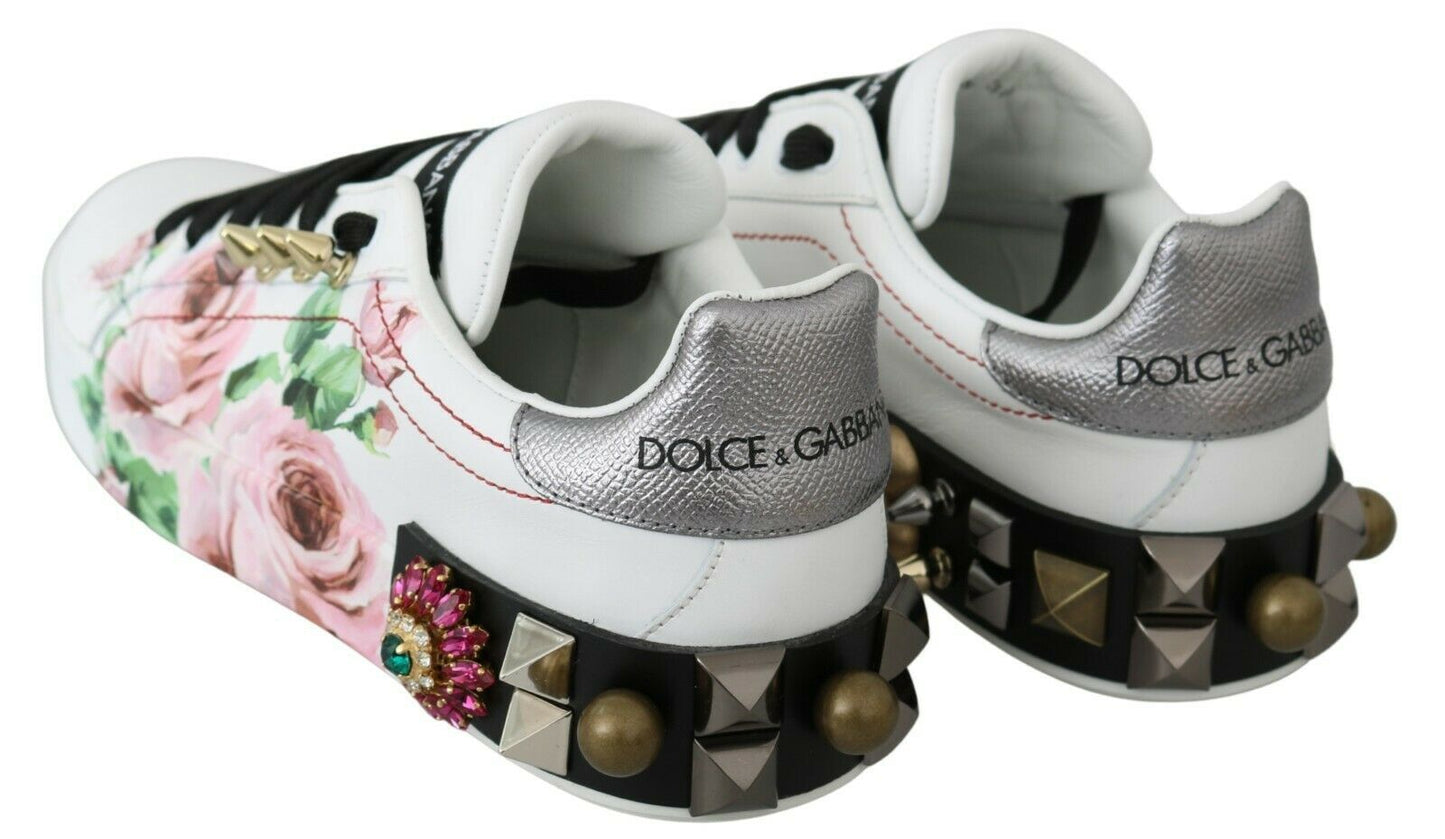 Weiße Leder Kristall Rosen Blumen Sneakers Schuhe