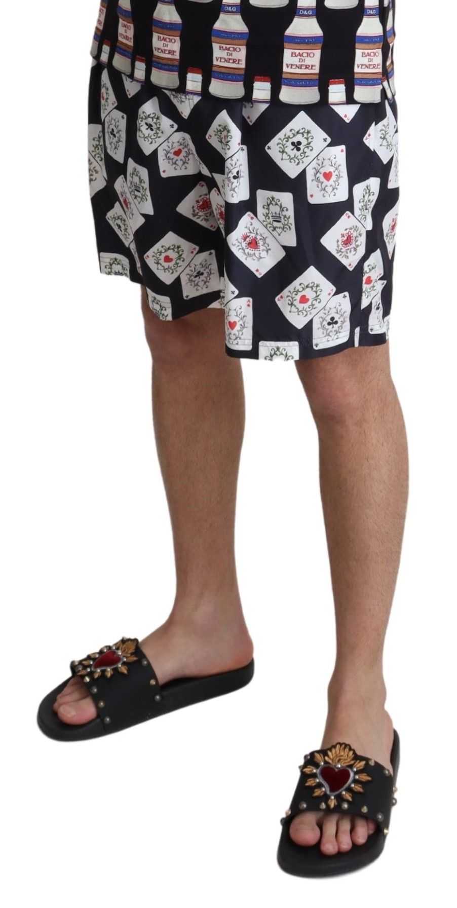 Schwarze Strand-Badeshorts mit Kartenspiel-Print