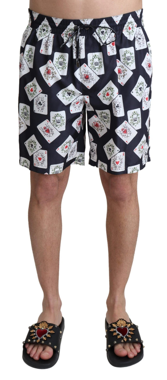 Schwarze Strand-Badeshorts mit Kartenspiel-Print