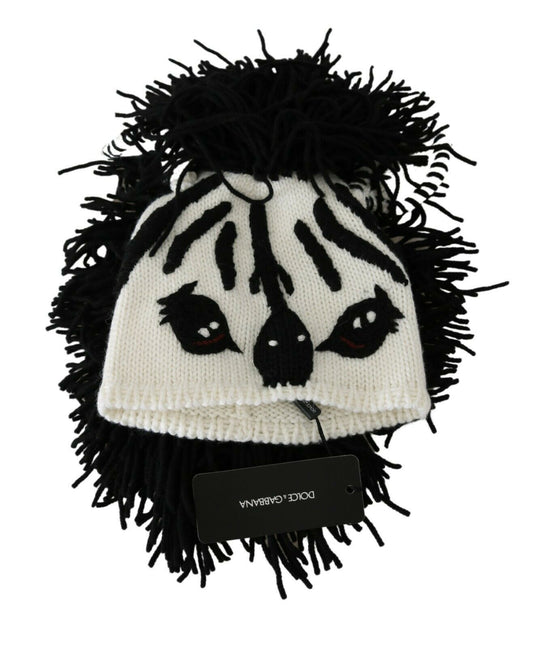 Schwarz-weiße Strickmütze aus Kaschmir mit Tiermuster