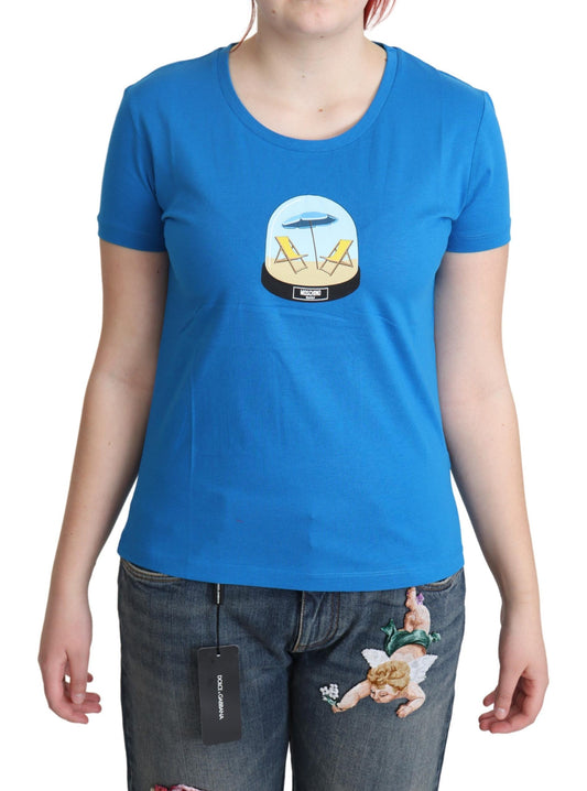 Blaues bedrucktes T-Shirt aus Baumwolle mit kurzen Ärmeln