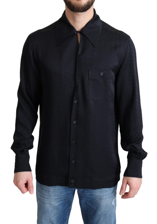 Schwarzes Jacquard-Seiden-Casual-Button-Down-Hemd