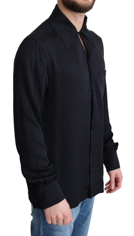 Schwarzes Jacquard-Seiden-Casual-Button-Down-Hemd