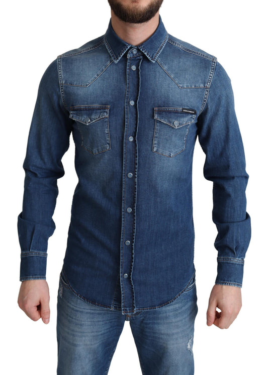 Blaues Jeanshemd mit langen Ärmeln aus Baumwollstretch
