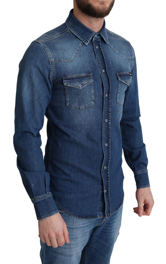 Blaues Jeanshemd mit langen Ärmeln aus Baumwollstretch