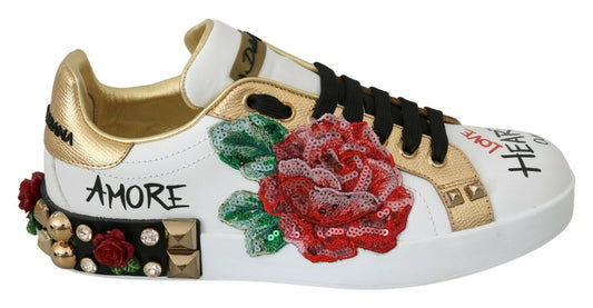 Weiße Rosen Pailletten Kristall Damen Sneakers Schuhe