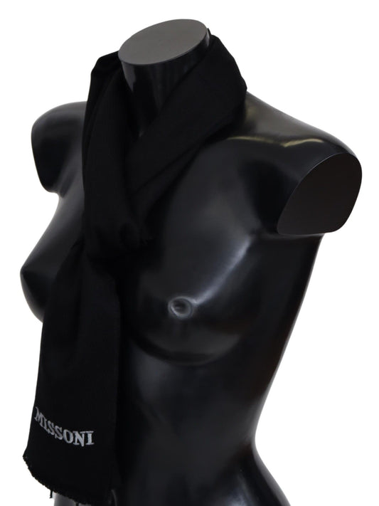 Schwarzer Unisex-Halswickelschal aus 100 % Wolle mit Fransen und Logo