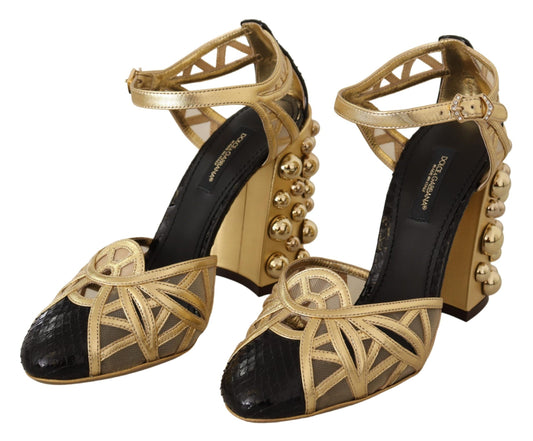 Schwarz-goldene Lederschuhe mit Knöchelriemen und Nieten