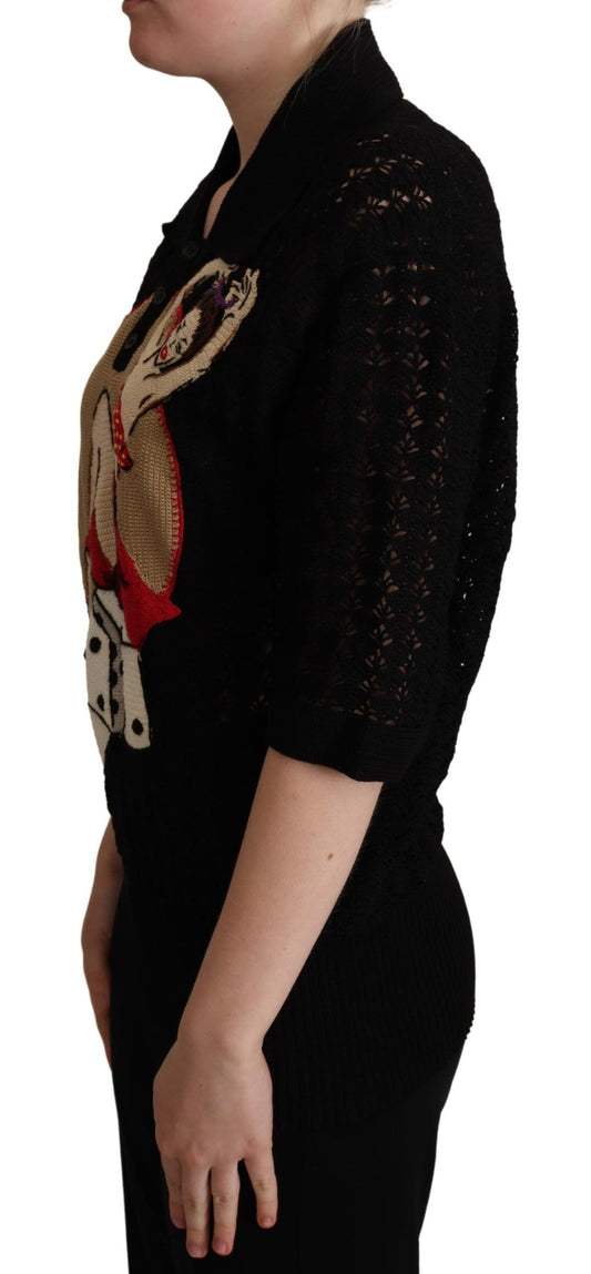 Schwarzer bestickter Strickpullover aus Baumwolle