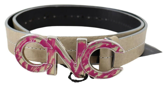 Beigefarbener Ledergürtel mit rosa Buchstaben-Logo-Schnalle