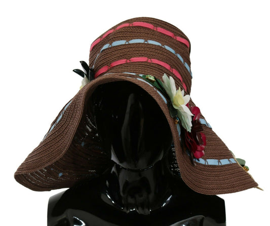 Brauner gestrickter Strohhut mit Blumenmuster