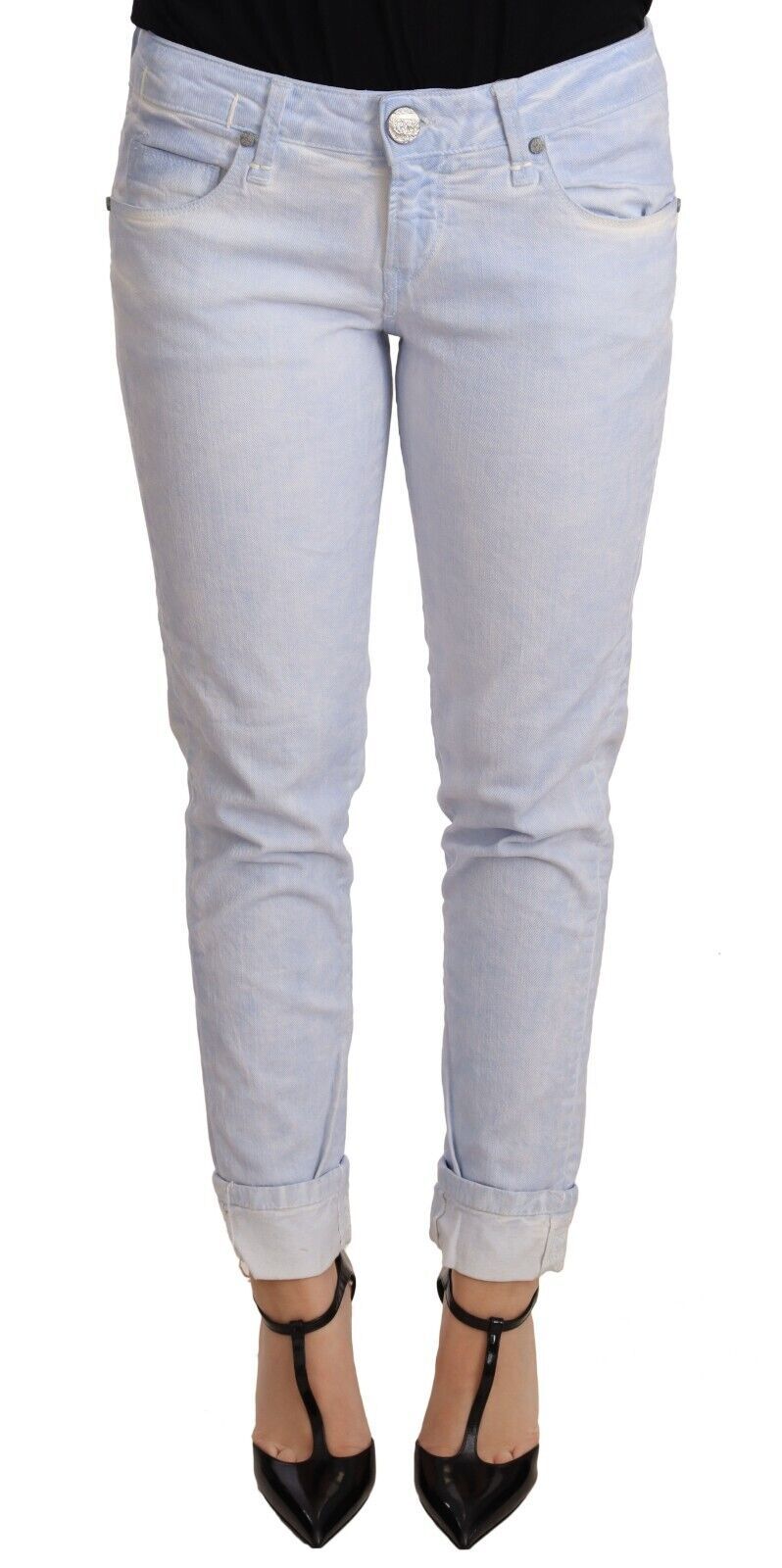 Hellblaue Skinny-Jeans aus Baumwolle mit gefaltetem Saum