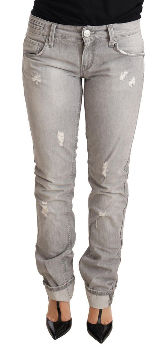 Graue Slim Fit Jeans aus zerfetzter Baumwolle mit umgeschlagenem Saum für Damen