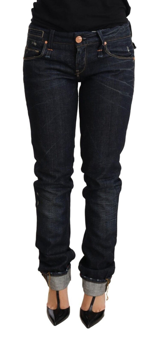 Dunkelblaue Jeanshose aus Baumwolle mit schmaler Passform und gefaltetem Saum für Damen