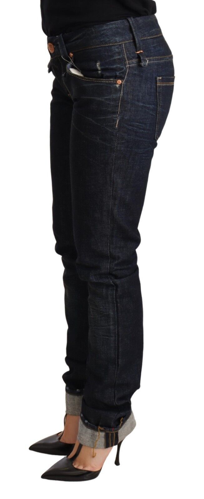 Dunkelblaue Jeanshose aus Baumwolle mit schmaler Passform und gefaltetem Saum für Damen