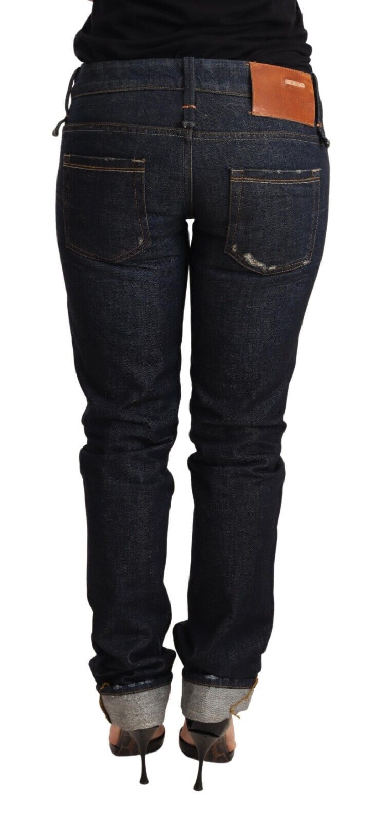 Dunkelblaue Jeanshose aus Baumwolle mit schmaler Passform und gefaltetem Saum für Damen