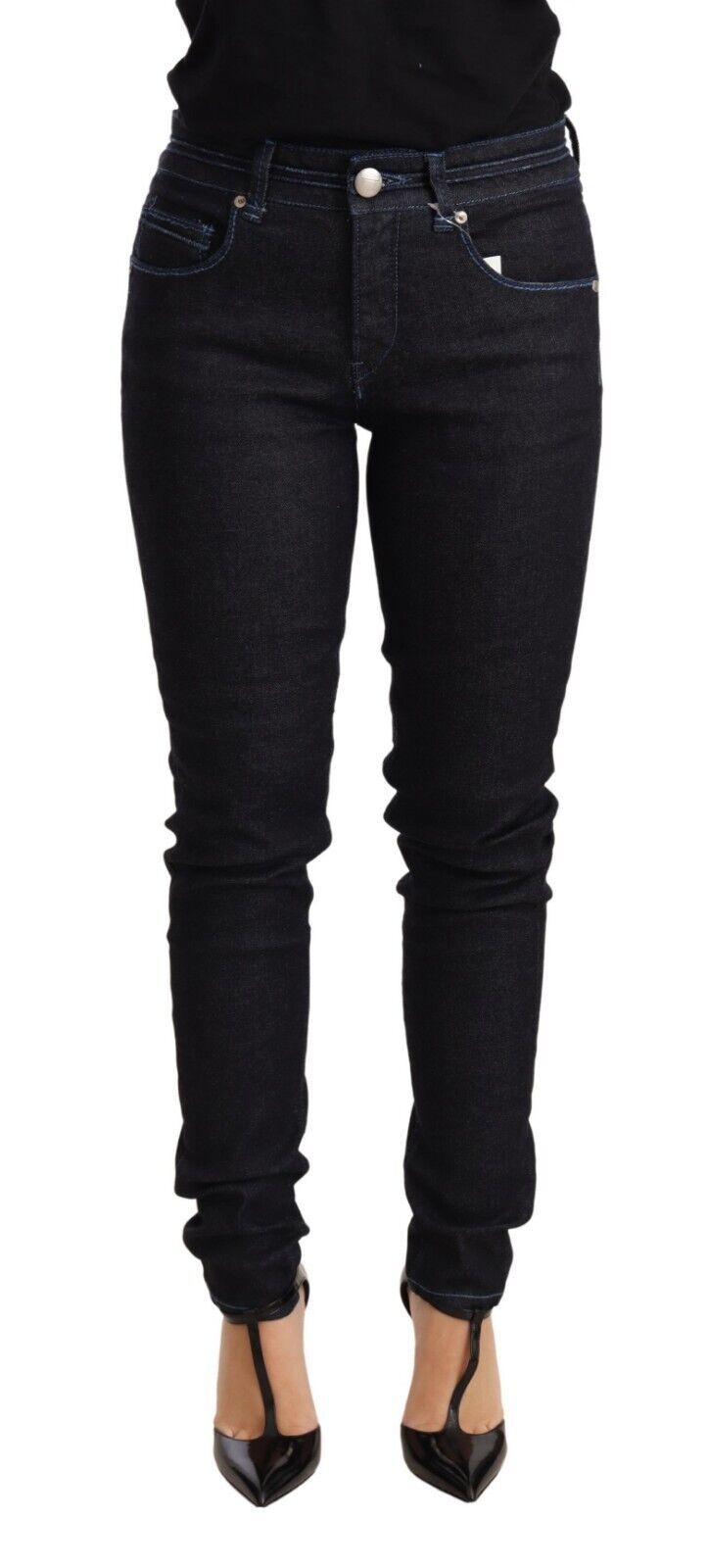 Blaue Jeans aus Baumwolle mit niedriger Taille und schmaler Passform für Damen