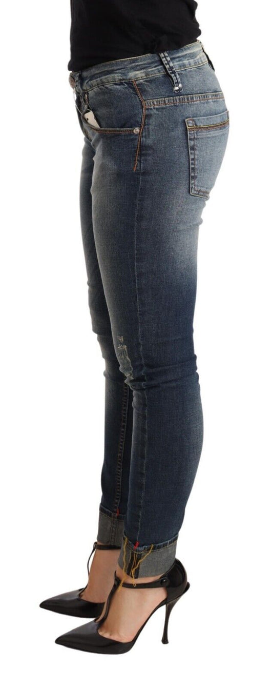 Blaue Jeans aus gewaschener Baumwolle mit niedriger Taille und Skinny-Denim für Damen