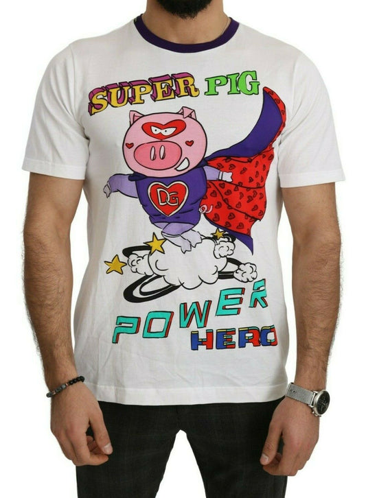Weißes Baumwoll-T-Shirt mit Super-Power-Schwein-Motiv