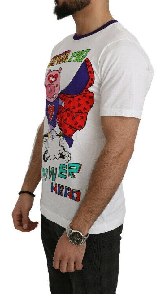 Weißes Baumwoll-T-Shirt mit Super-Power-Schwein-Motiv