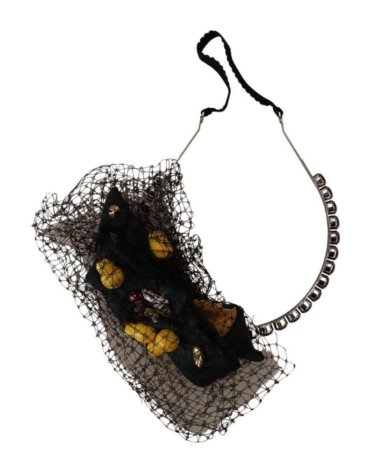 Silberne Tiara, Kristalle, Früchte, schwarzes Mesh-Diadem, Stirnband