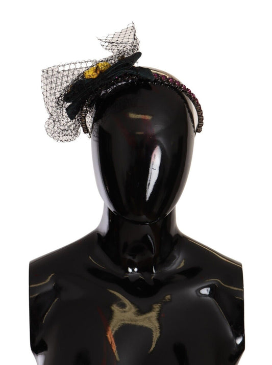 Silberne Tiara, Kristalle, Früchte, schwarzes Mesh-Diadem, Stirnband