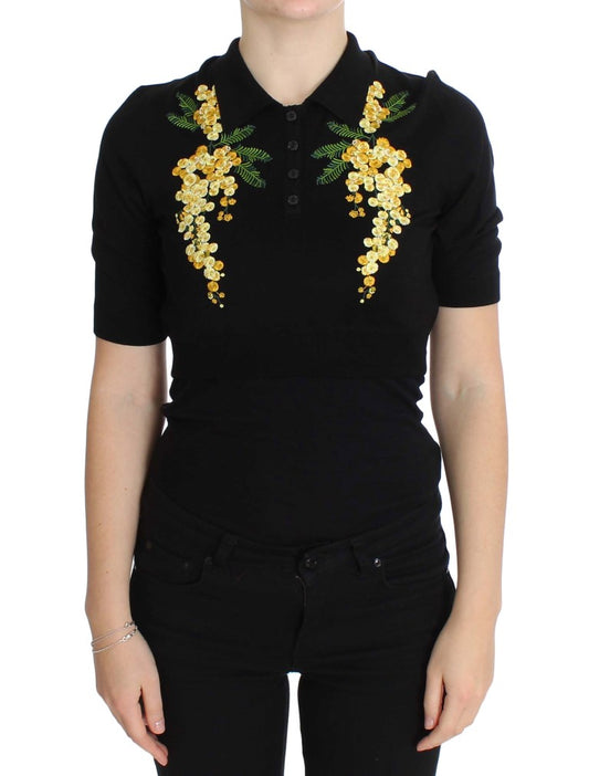 Schwarzes Poloshirt aus Seide mit Blumenstickerei