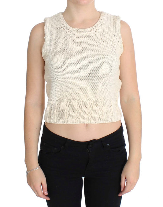Beigefarbener ärmelloser Strickpullover aus Baumwollmischung