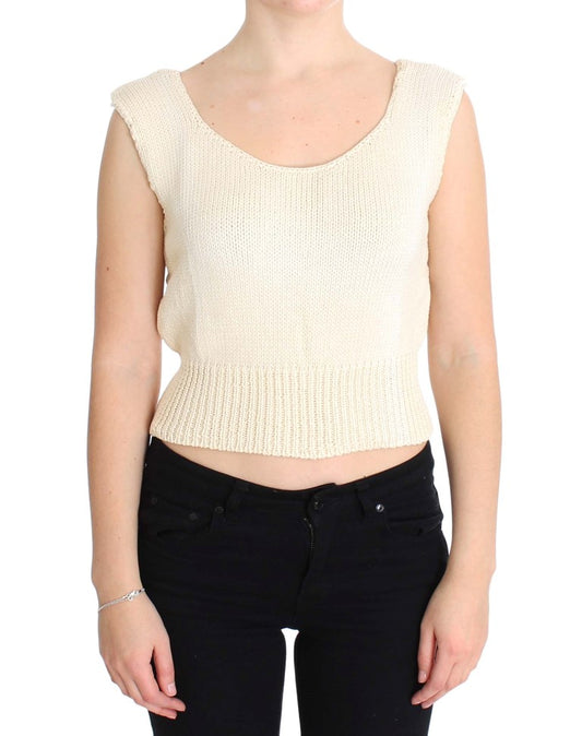 Beigefarbener ärmelloser Strickpullover aus Baumwollmischung