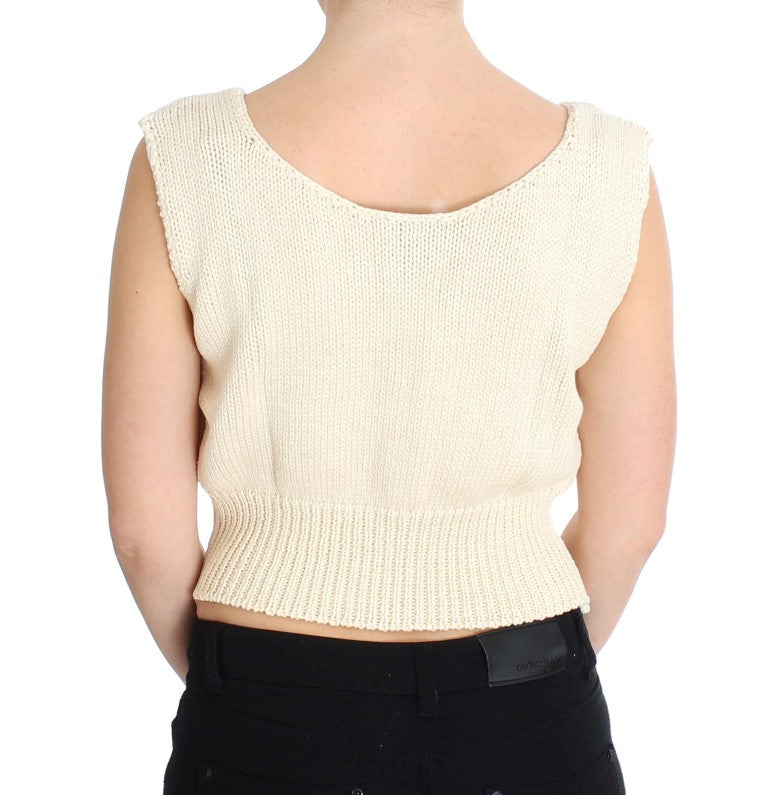 Beigefarbener ärmelloser Strickpullover aus Baumwollmischung