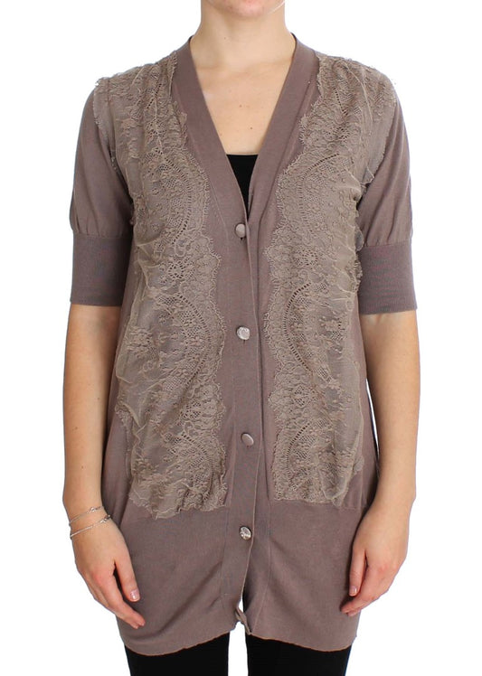 Lilafarbener Cardigan aus Baumwolle mit Spitze
