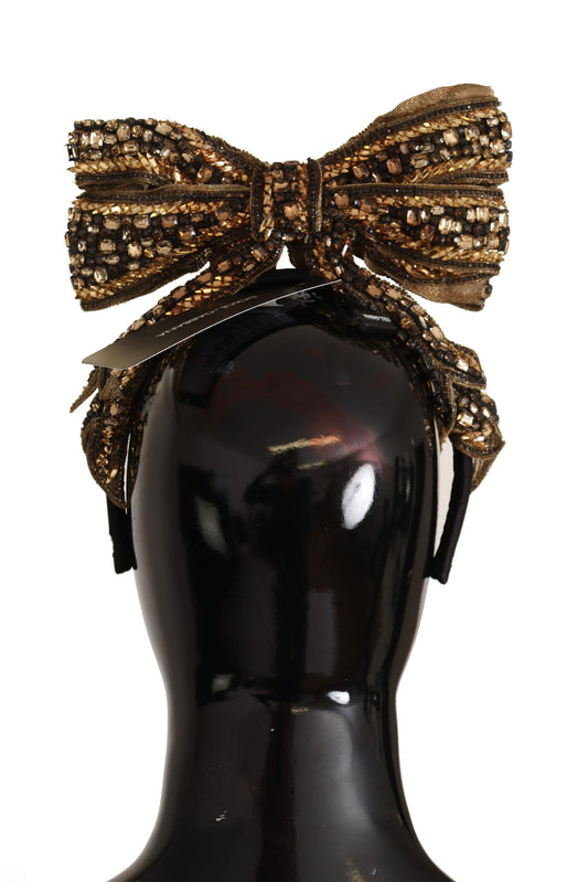 Goldfarbenes Stirnband mit Kristallperlen und Pailletten aus Seide und Schleife, Diadem